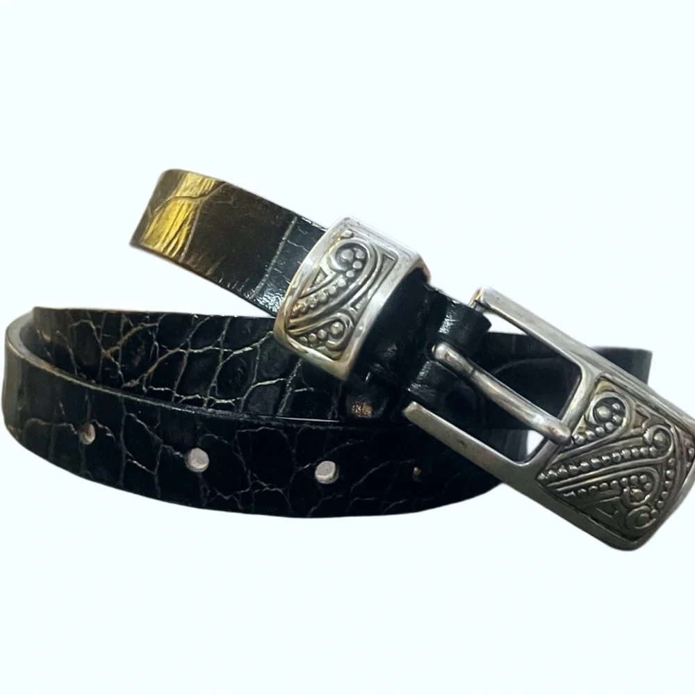 Streets Ahead Black Croc-Embossed Leather Belt with Silver Buckle Sz L